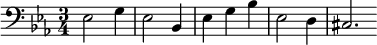  \relative c { \clef bass \key ees \major \time 3/4 ees2 g4 ees2 bes4 ees4 g4 bes4 ees,2 d4 cis2. \bar "" } 