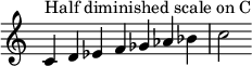  { \override Score.TimeSignature #'stencil = ##f \relative c' { \clef treble \time 7/4 c4^\markup { Half diminished scale on C } d es f ges aes bes c2 } } 