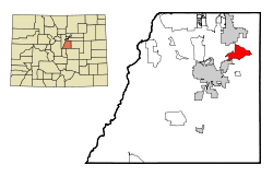 Location of The Pinery CDP in Douglas County, Colorado.