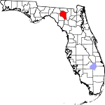 A state map highlighting Suwannee County in the corner part of the state. It is medium in size.