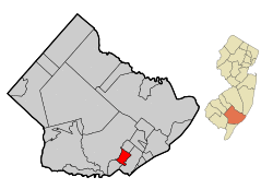 Map of Linwood in Atlantic County. Inset: Location of Atlantic County highlighted in the State of New Jersey.