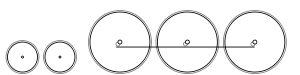 Diagram of two small leading wheels, and three large driving wheels joined together with a coupling rod