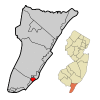 Map of Wildwood in Cape May County. Inset: Location of Cape May County highlighted in the State of New Jersey.