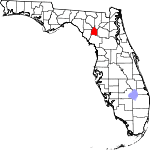A state map highlighting Gilchrist County in the corner part of the state. It is small in size.