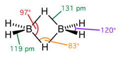 Stereo skeletal formula of diborane with all explicit hydrogens added and assorted measurements