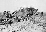 British rhomboid tank and soldiers preparing to advance