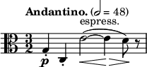  \relative c' { \clef alto \time 3/2 \key c \major \tempo "Andantino." 2 = 48 g-.\p c,-. e'2~\<^"espress."( e4\!\> d8)\! r8 } 