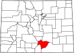 State map highlighting Huerfano County