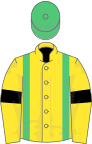 Yellow, emerald green braces, yellow sleeves, black armlets, emerald green cap
