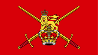 The British Lion, the crown and crossed swords on a red background