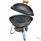 barbeque - a rack to hold meat for cooking over hot charcoal usually out of doors