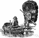 coracle - a small rounded boat made of hides stretched over a wicker frame