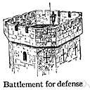 battlement - a rampart built around the top of a castle with regular gaps for firing arrows or guns