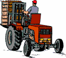 forklift - a small industrial vehicle with a power operated forked platform in front that can be inserted under loads to lift and move them