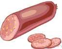 salami - highly seasoned fatty sausage of pork and beef usually dried