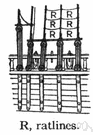 ratline - (nautical) a small horizontal rope between the shrouds of a sailing ship