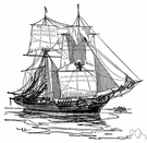 brigantine - two-masted sailing vessel square-rigged on the foremast and fore-and-aft rigged on the mainmast