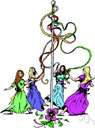 Maypole - a vertical pole or post decorated with streamers that can be held by dancers celebrating May Day