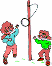 tetherball - a game with two players who use rackets to strike a ball that is tethered to the top of a pole