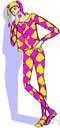 harlequin - a clown or buffoon (after the Harlequin character in the commedia dell'arte)