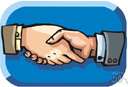 handclasp - grasping and shaking a person's hand (as to acknowledge an introduction or to agree on a contract)