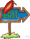 east - the cardinal compass point that is at 90 degrees