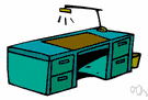 desk - a piece of furniture with a writing surface and usually drawers or other compartments