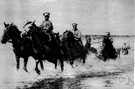 fording - the act of crossing a stream or river by wading or in a car or on a horse