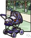 pushchair - a small vehicle with four wheels in which a baby or child is pushed around