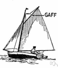 gaff - a spar rising aft from a mast to support the head of a quadrilateral fore-and-aft sail