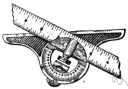 bevel - a hand tool consisting of two rules that are hinged together so you can draw or measure angles of any size